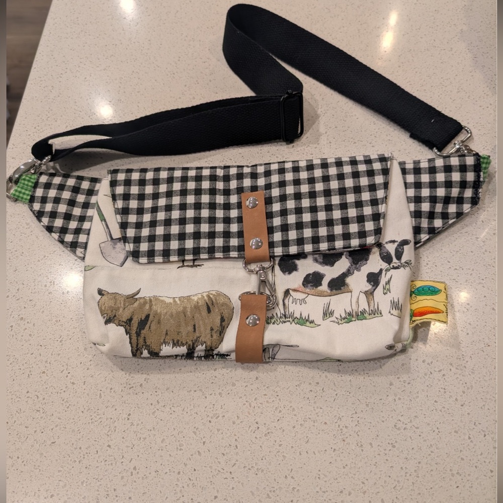 Handmade Farm Animal Canvas Crossbody belt Bag - Black Gingham